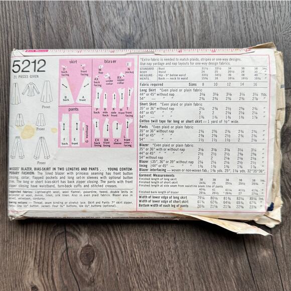 Vintage 1970s Simplicity 5212 Sewing Pattern Sz Small Blazer Pant Skirt COMPLETE - Picture 2 of 2